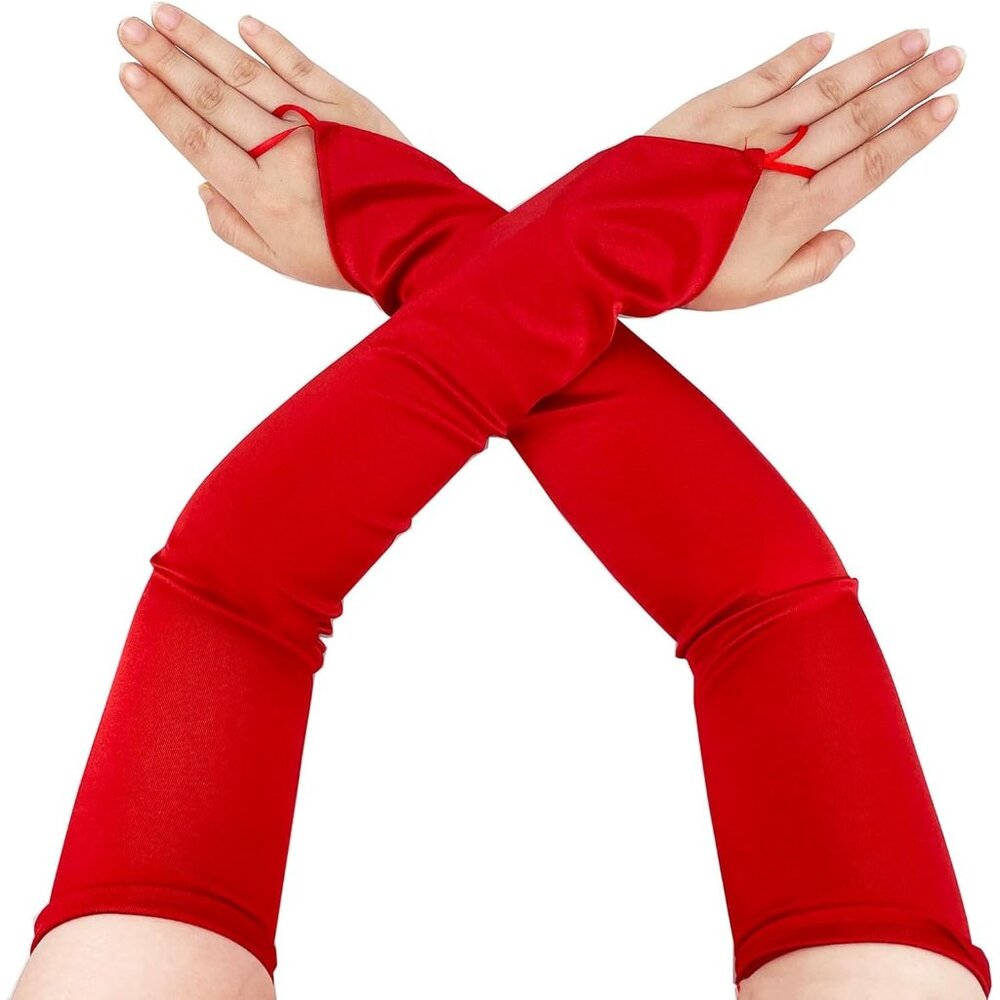 Women's Dark Red Long Satin Finger Loop Fabric Gloves Opera Party Prom Costume